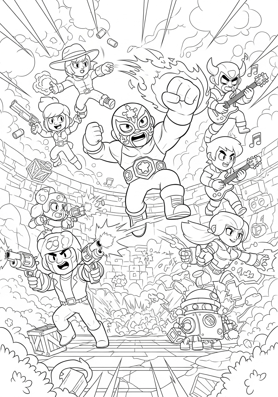 Desenho Brawl Stars com Colt Shelly Spike e Leon para colorir