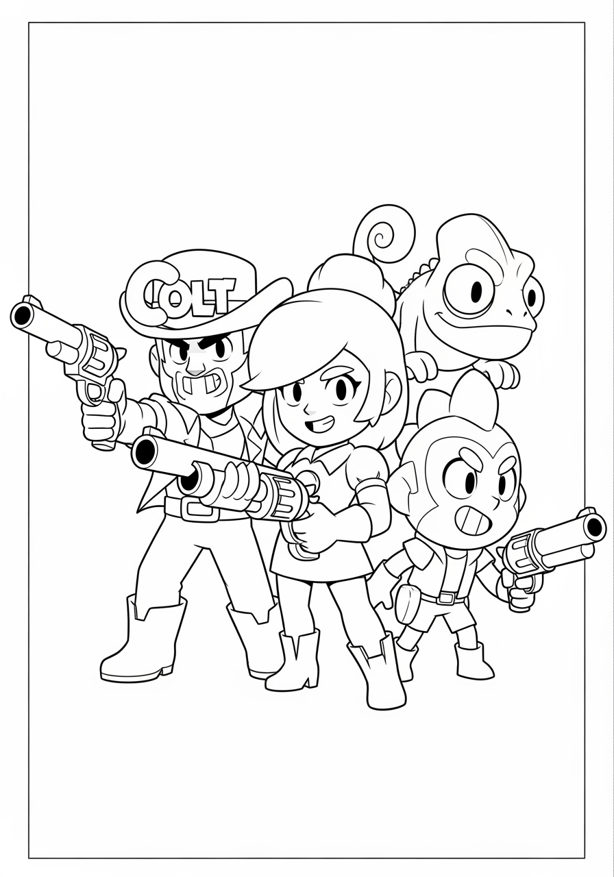 Desenho Brawl Stars com Colt Shelly Spike e Leon prontos para colorir