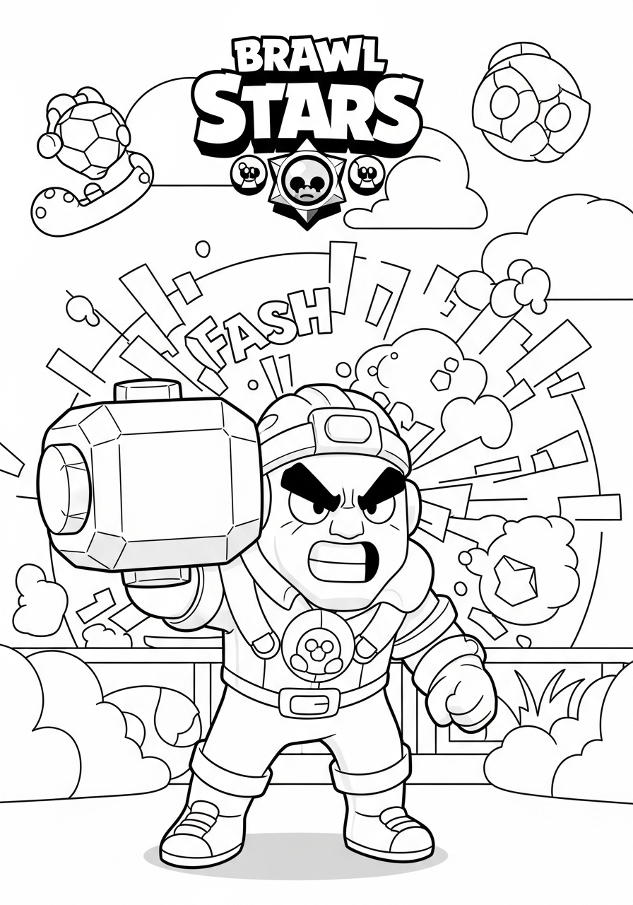 Desenho Brawl Stars com Colt em ação e explosões ao fundo