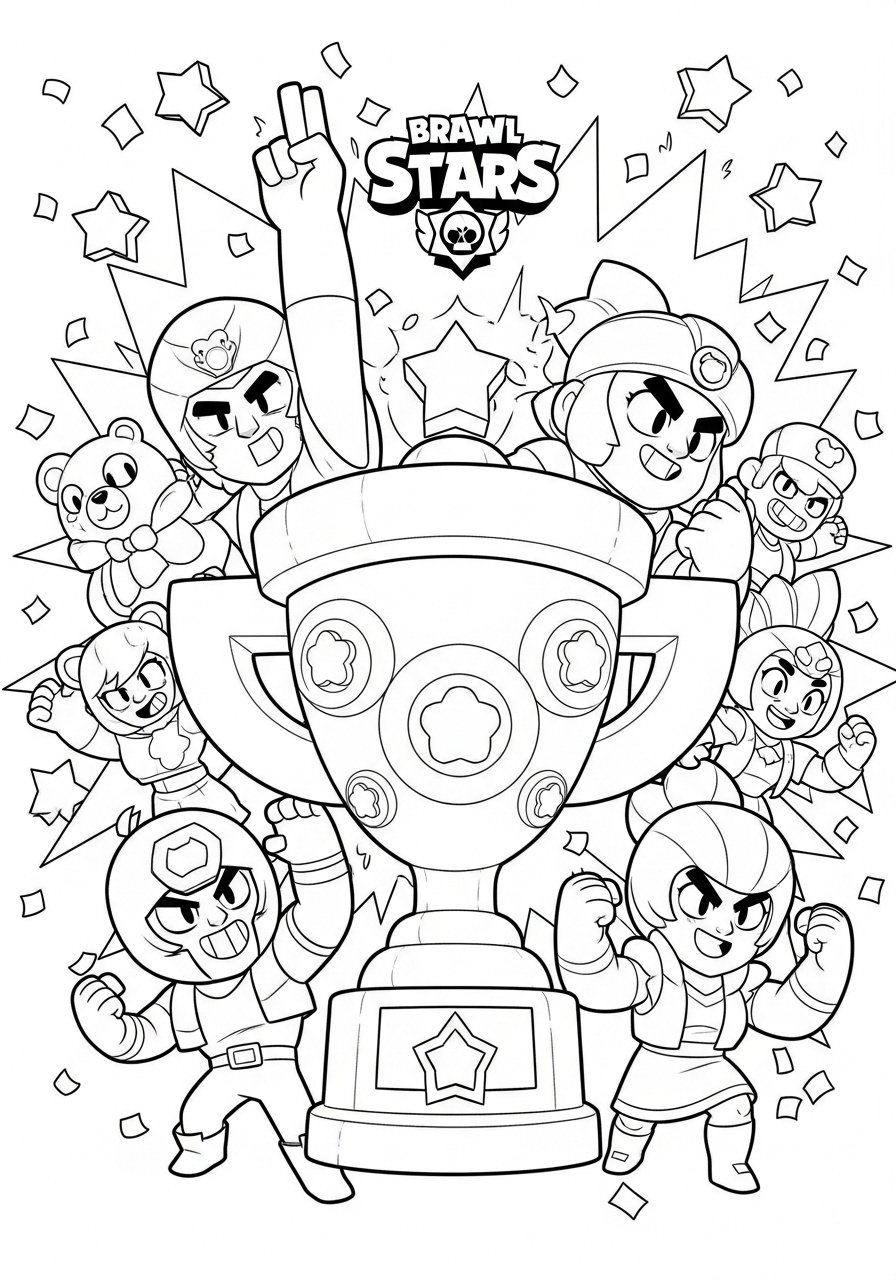 Desenho Brawl Stars com personagens e troféu para colorir