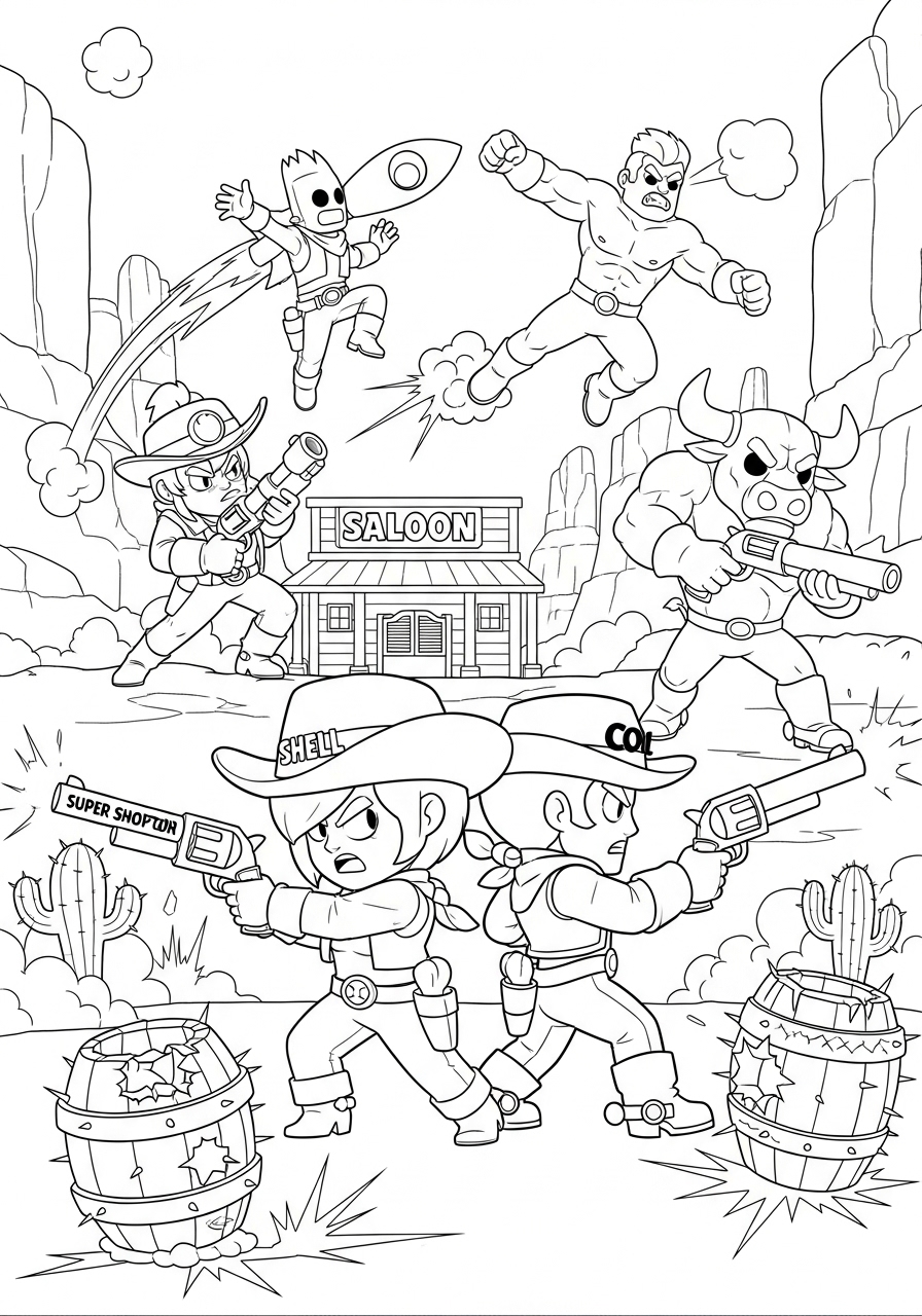 Desenho Brawl Stars com Colt Shelly Spike e Leon prontos para ação