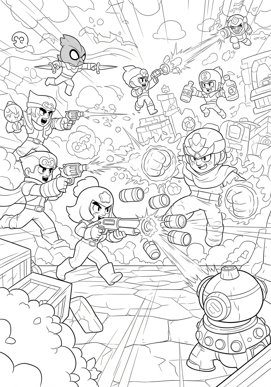 Desenho Brawl Stars com personagens em intensa batalha para colorir