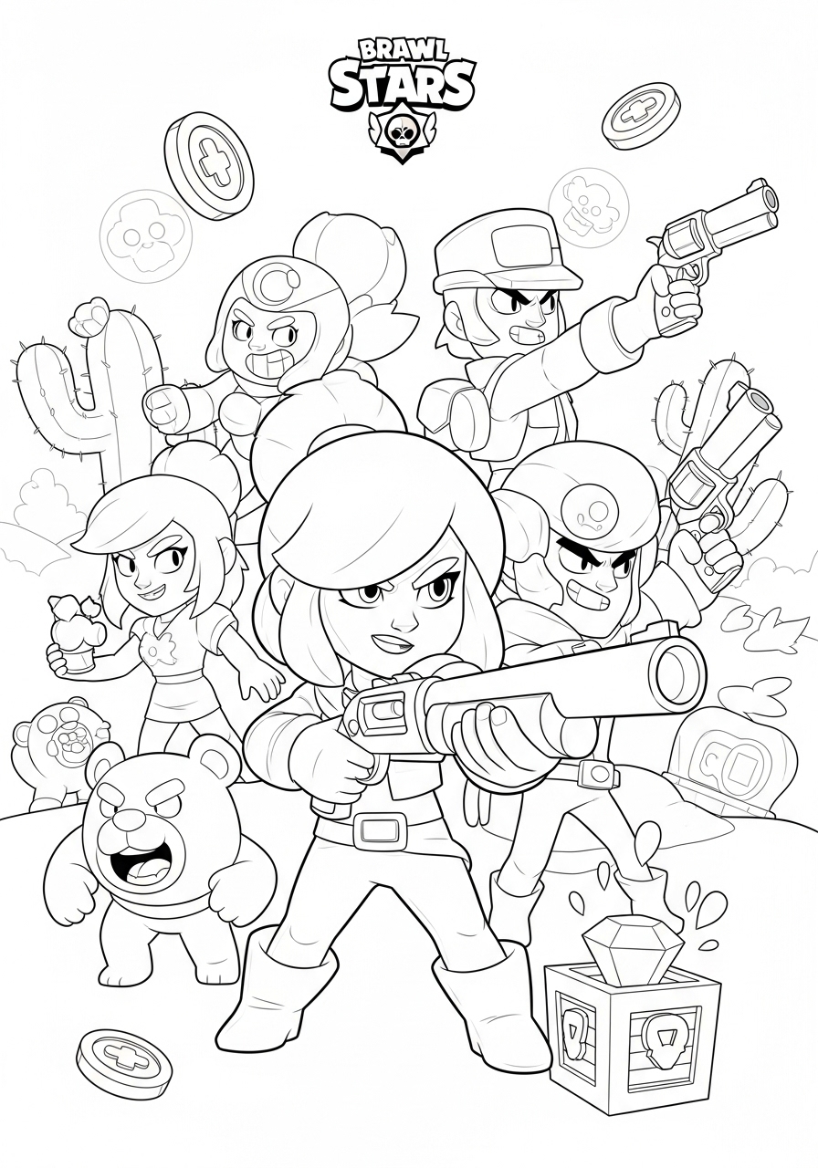 Desenho Brawl Stars com Colt Shelly Spike e Leon para colorir