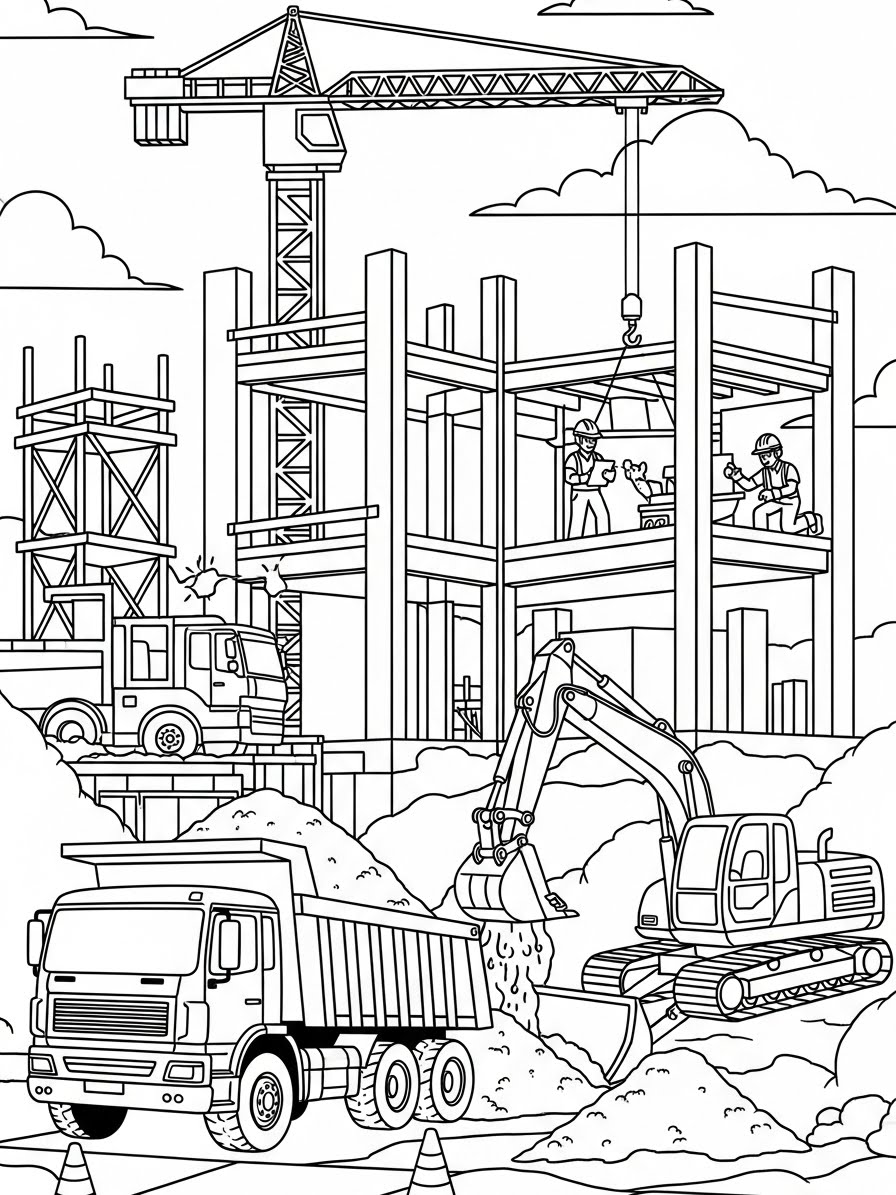 Desenho de Camião basculante em obra para colorir