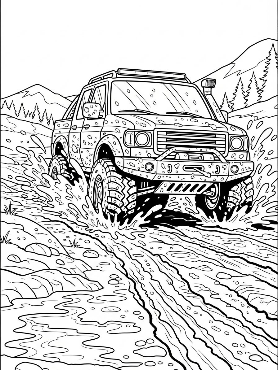 Desenho de Camião 4x4 na lama para colorir