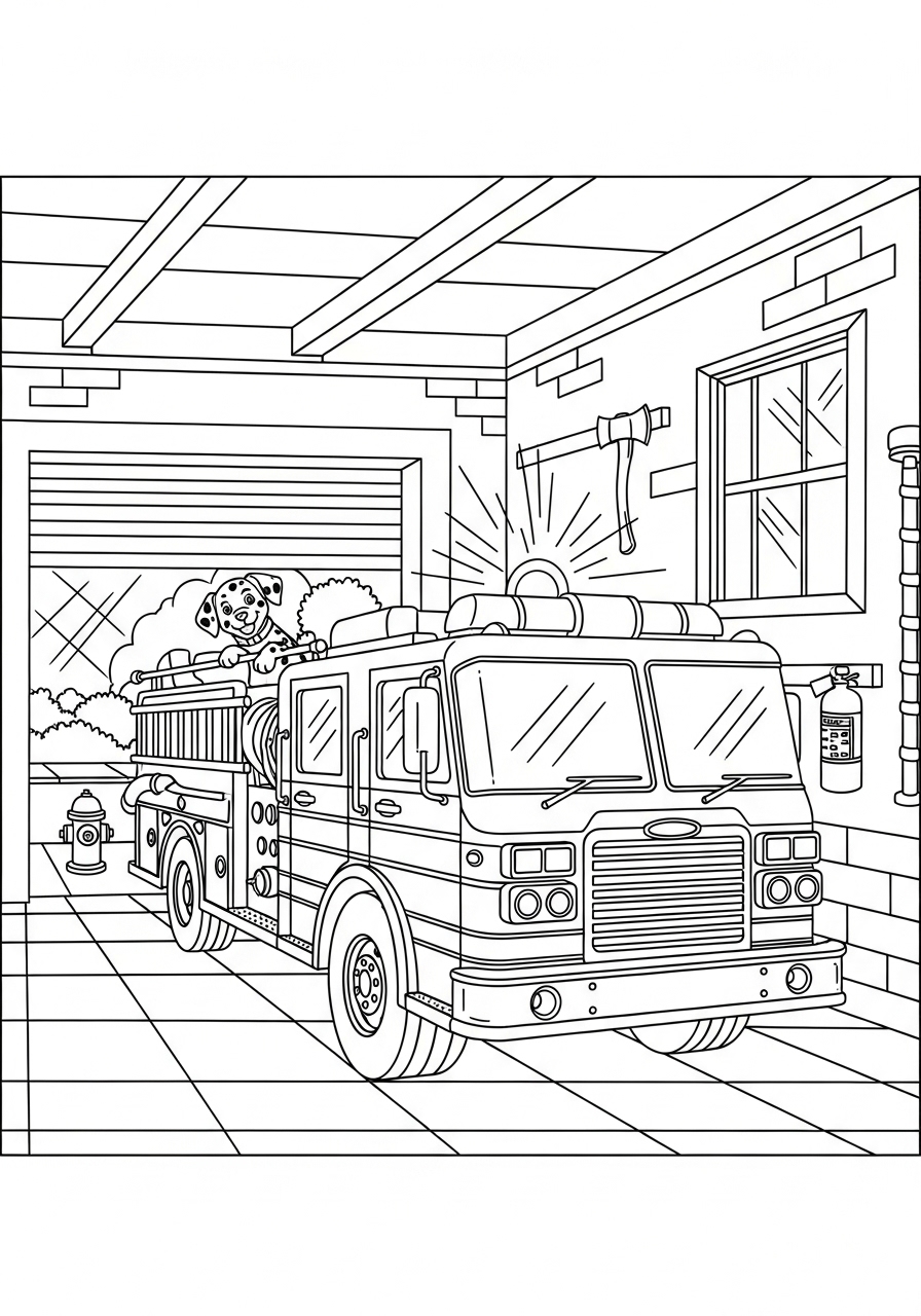 Desenho do Caminhão dos Bombeiros com um cachorro para colorir