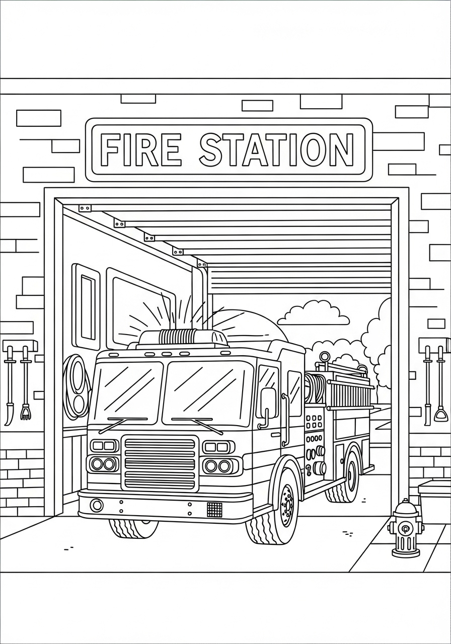 Desenho do Caminhão dos Bombeiros na estação para colorir