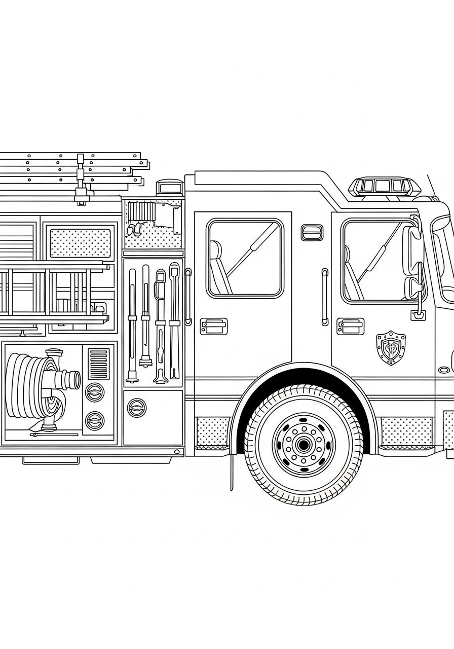 Desenho do Caminhão dos Bombeiros com detalhes para colorir