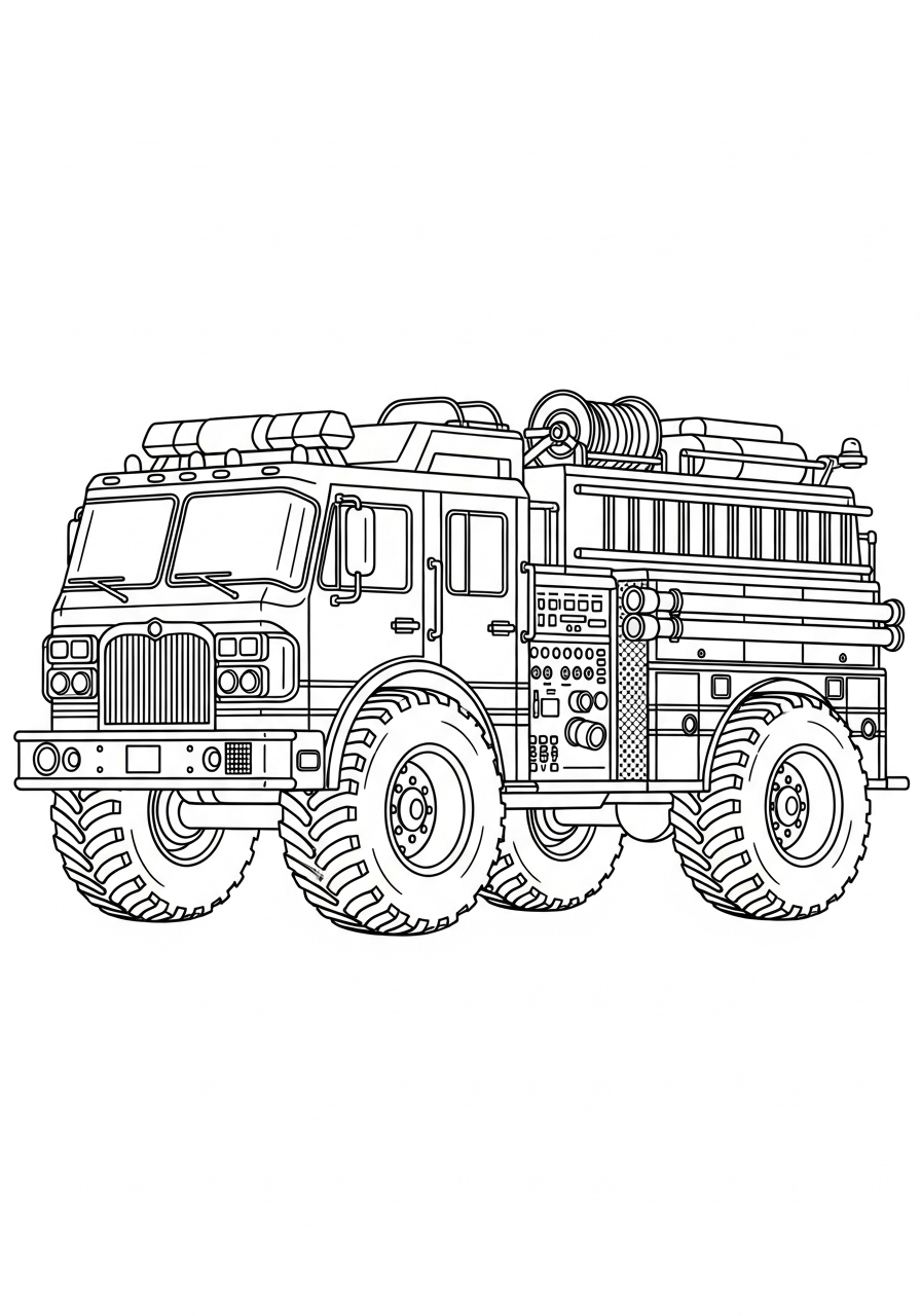 Desenho do Caminhão dos Bombeiros com muitos detalhes para colorir