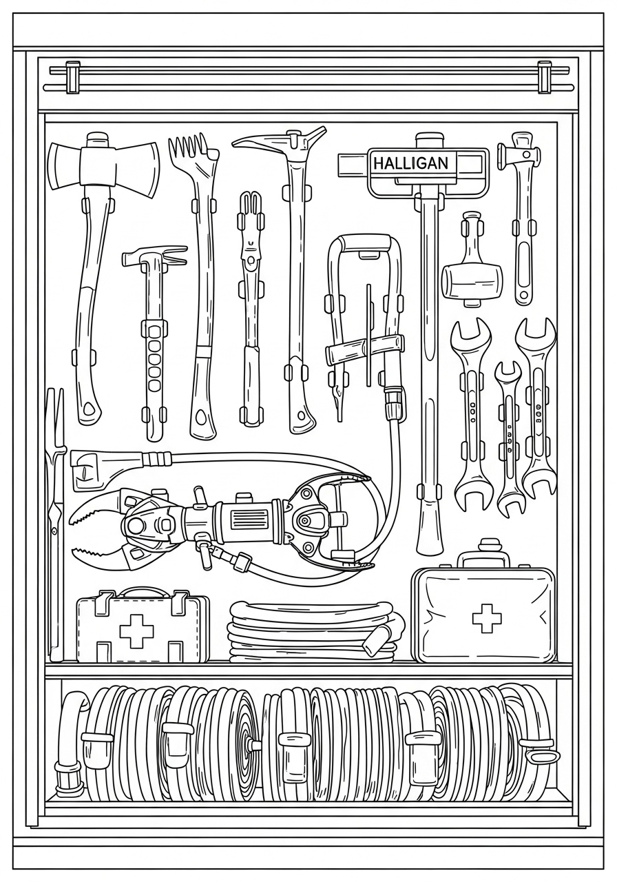 Desenho de equipamentos dos bombeiros para colorir