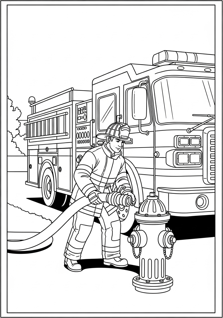 Desenho do Caminhão dos Bombeiros com o bombeiro ligando mangueira