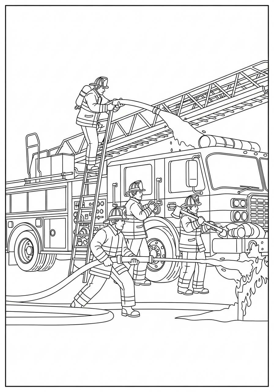 Desenho do Caminhão dos Bombeiros com bombeiros para colorir