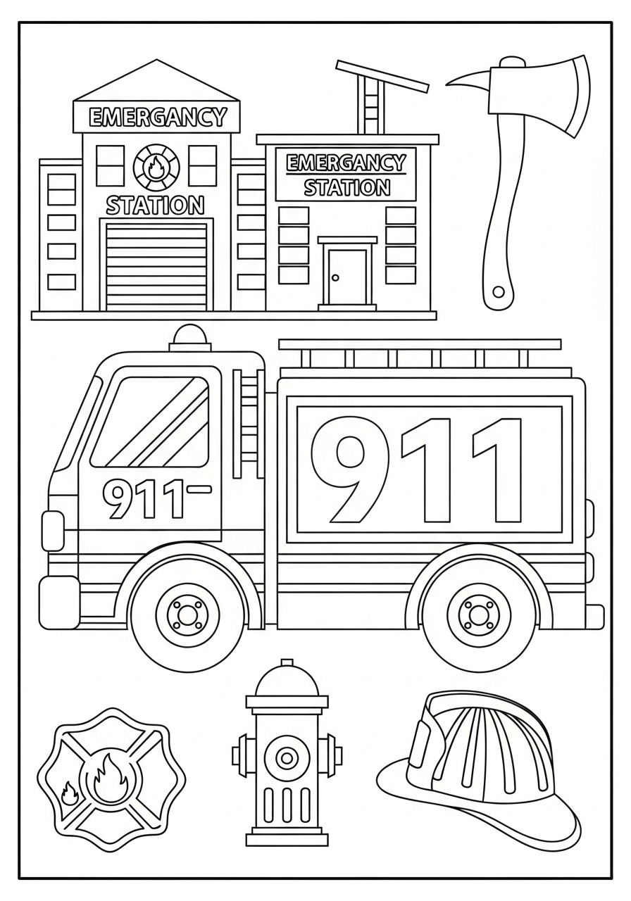 Desenho do Caminhão dos Bombeiros com símbolos para colorir