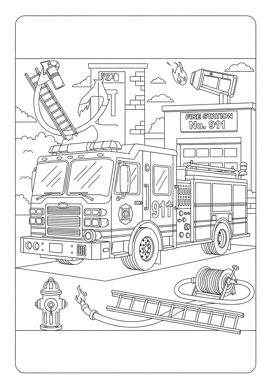Desenho do Caminhão dos Bombeiros perto de uma estação para colorir