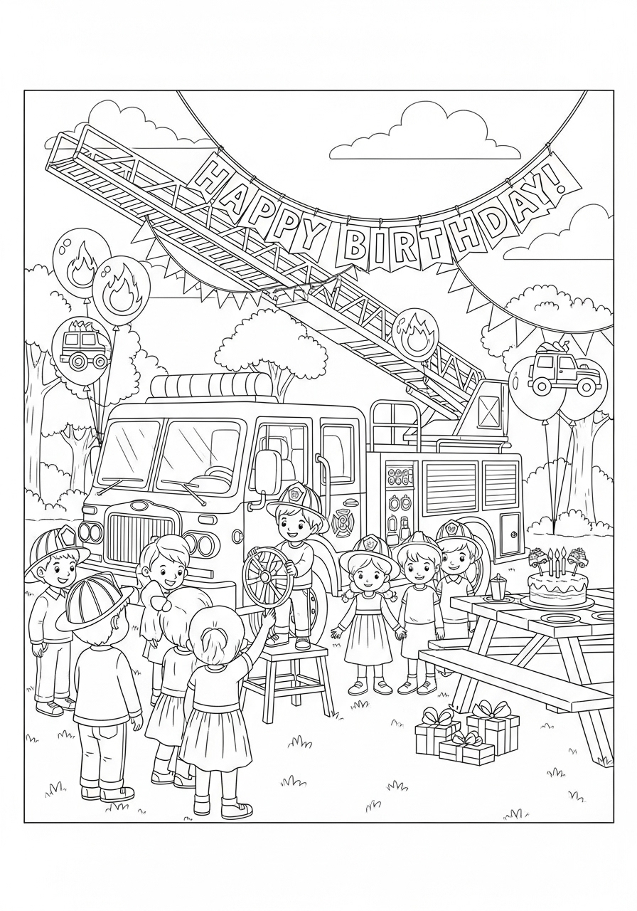 Desenho do Caminhão dos Bombeiros em festa de aniversário para colorir