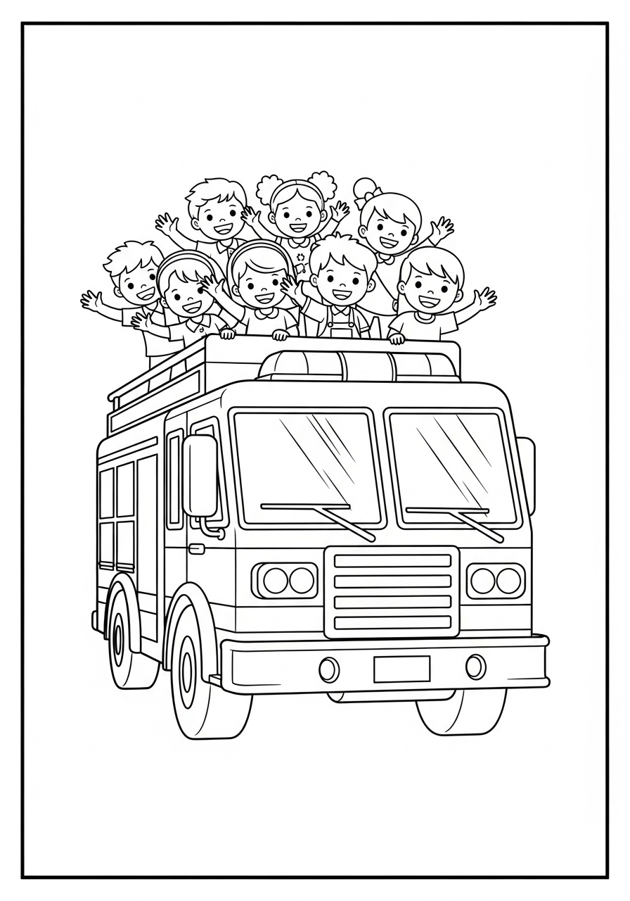 Desenho do Caminhão dos Bombeiros com crianças para colorir