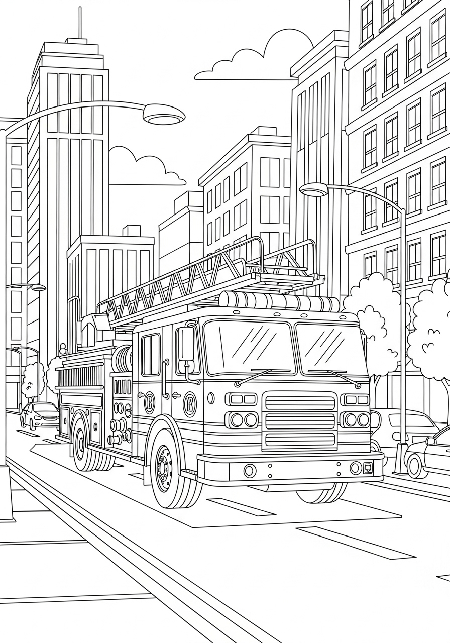 Desenho do Caminhão dos Bombeiros em uma rua da cidade para colorir