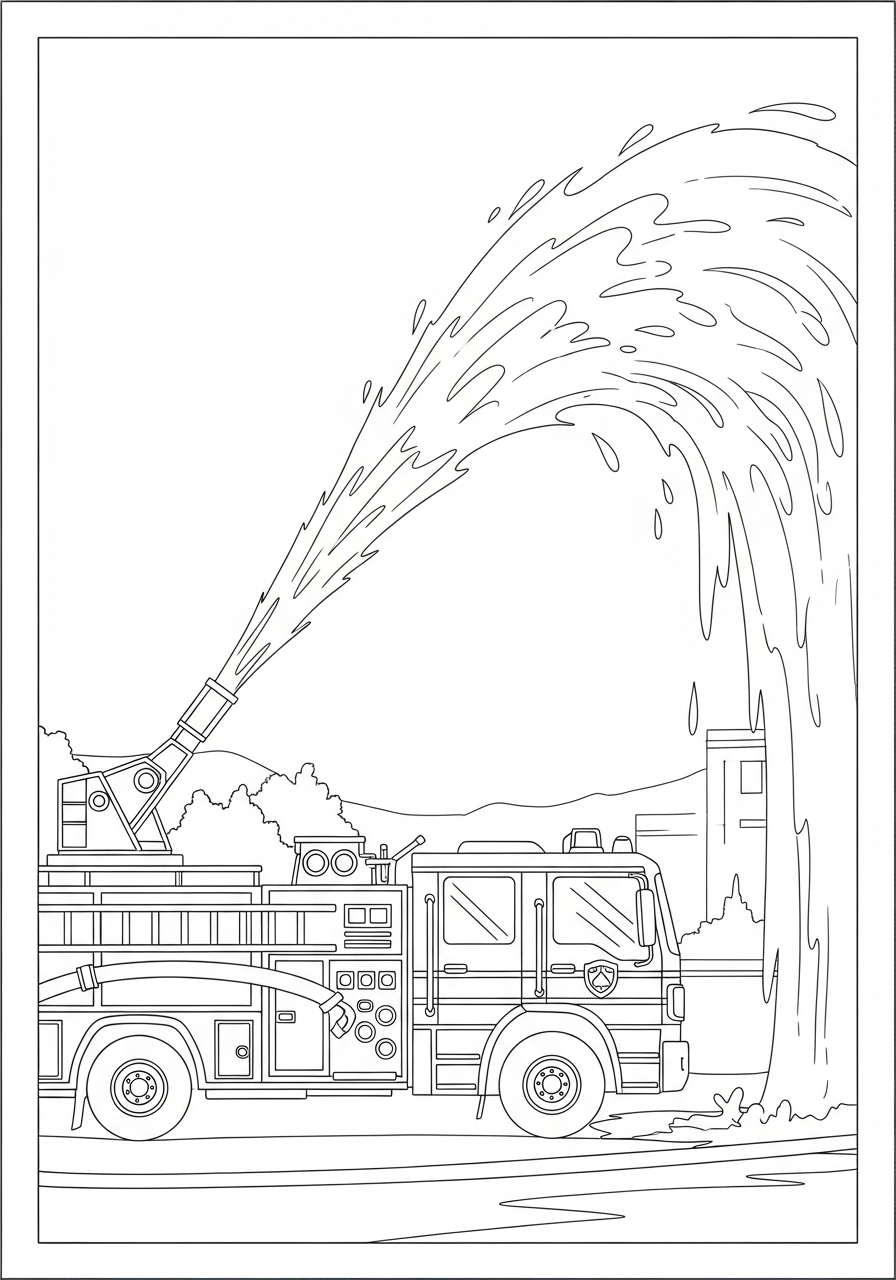 Desenho do Caminhão dos Bombeiros jorrando água para colorir