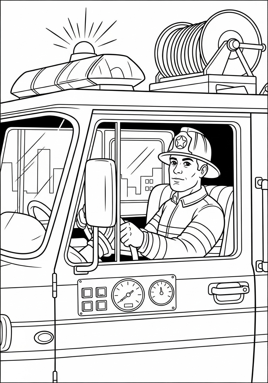 Desenho do Caminhão dos Bombeiros com bombeiro para colorir