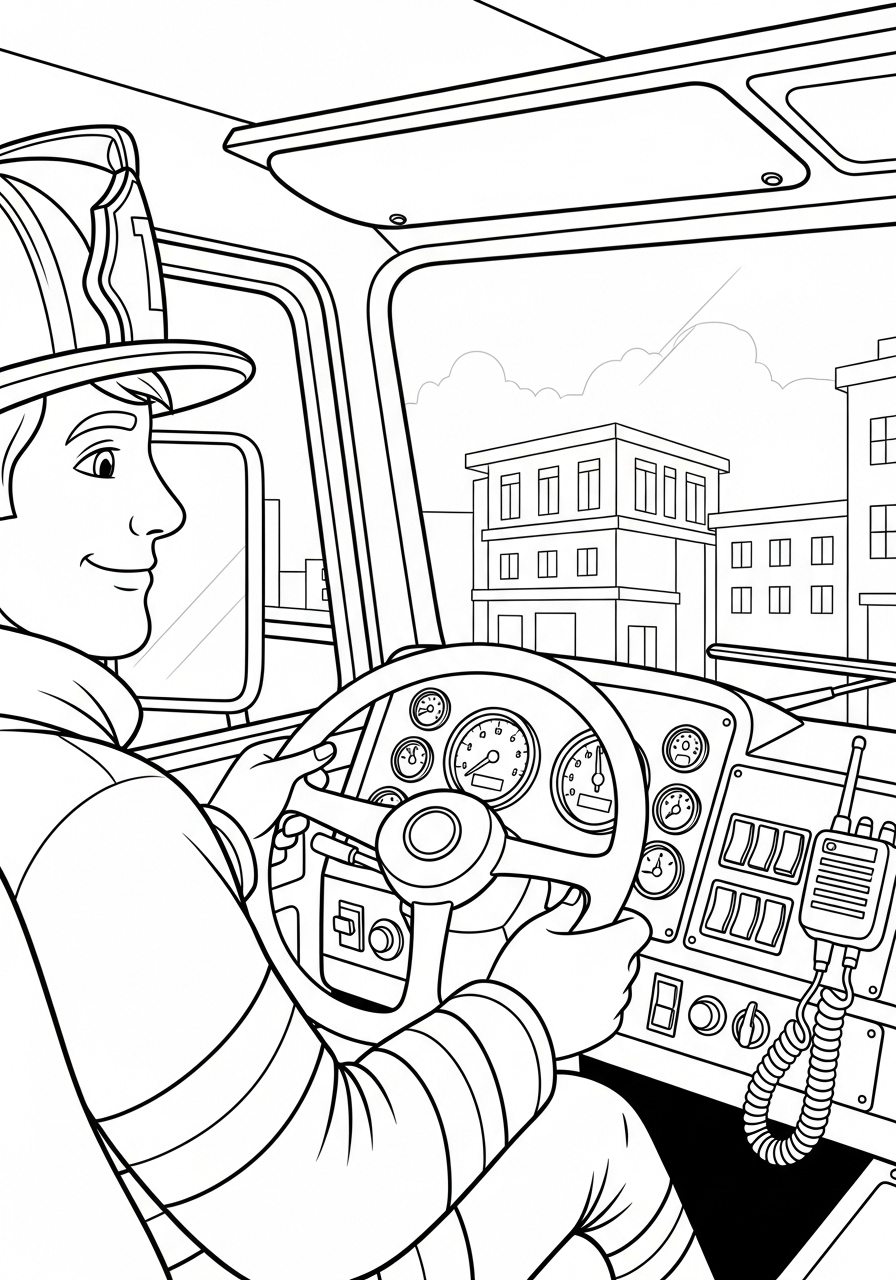 Desenho do motorista de caminhão dos bombeiros a lápis para colorir