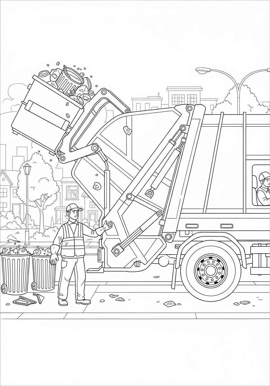 Desenho de Caminhão de Lixo em ação para colorir