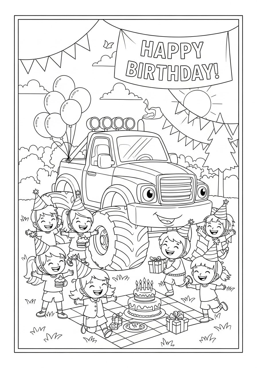 Desenho de Caminhão Monstro com crianças para colorir