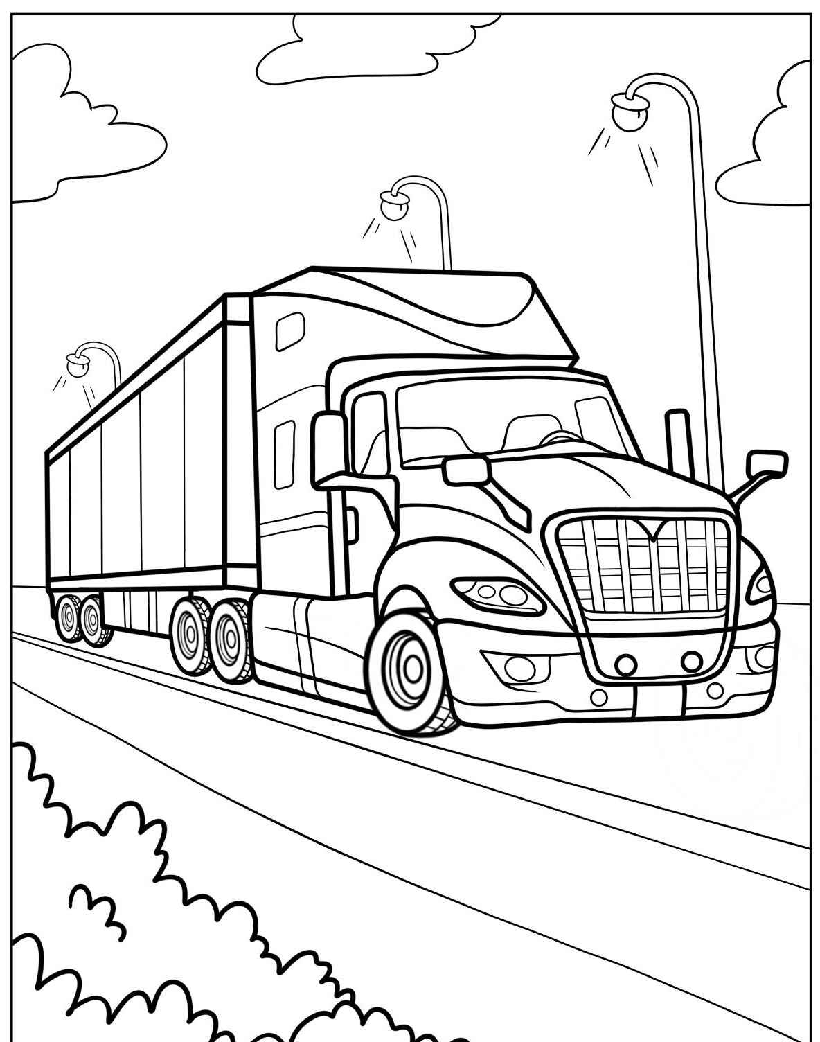 Desenho de Caminhão Grande na estrada para colorir