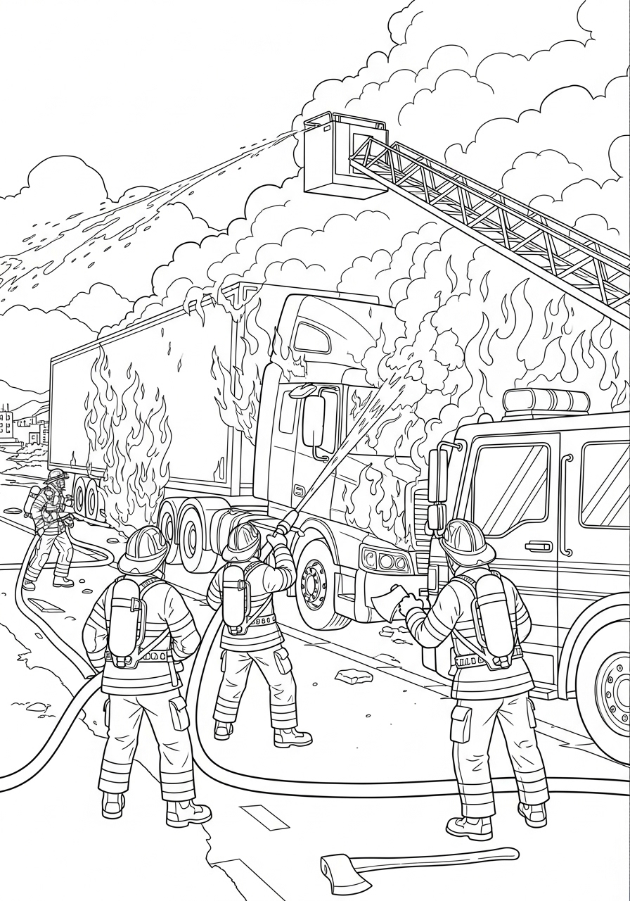 Desenho de Caminhão de Bombeiro em ação para colorir