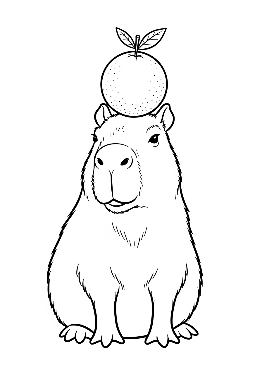 Desenho de Capivara com laranja na cabeça para colorir