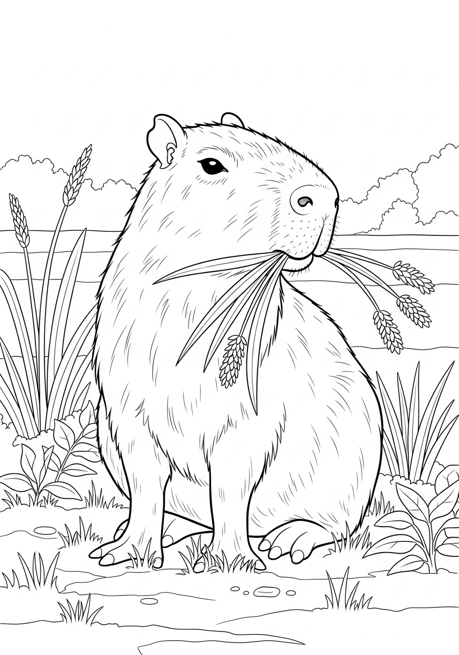 Desenho de Capivara com capim para imprimir e colorir