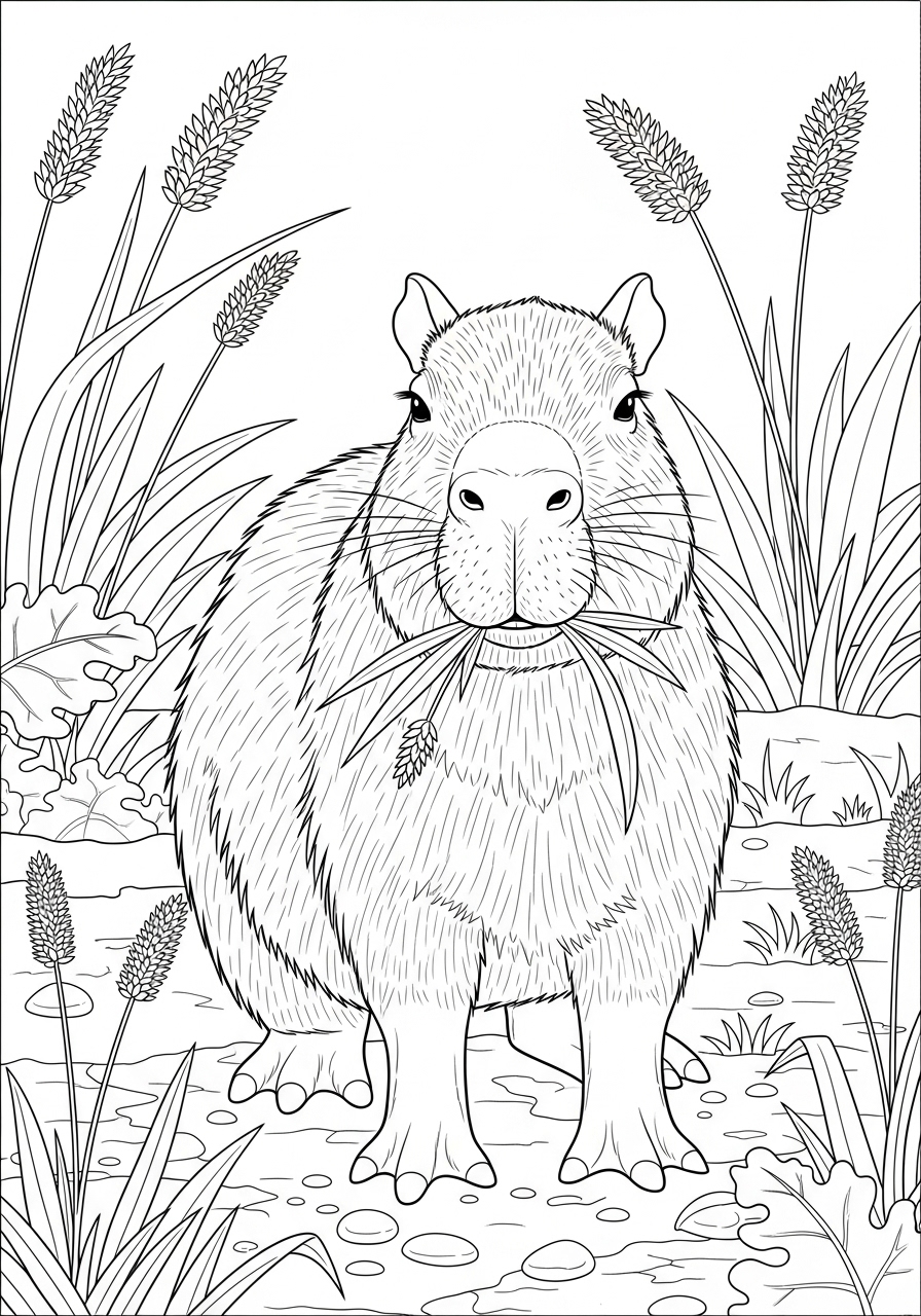 Desenho de Capivara em meio a vegetação para colorir