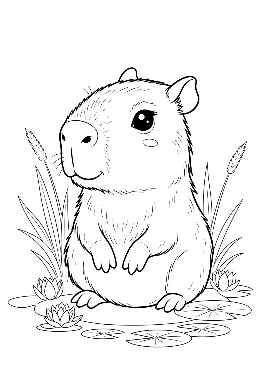 Desenho de Capivara em meio a plantas para imprimir e colorir