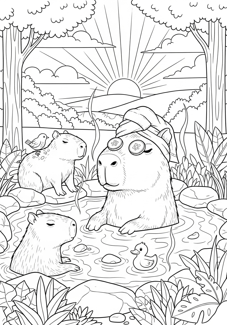 Desenho de Capivara relaxando em um lago para colorir