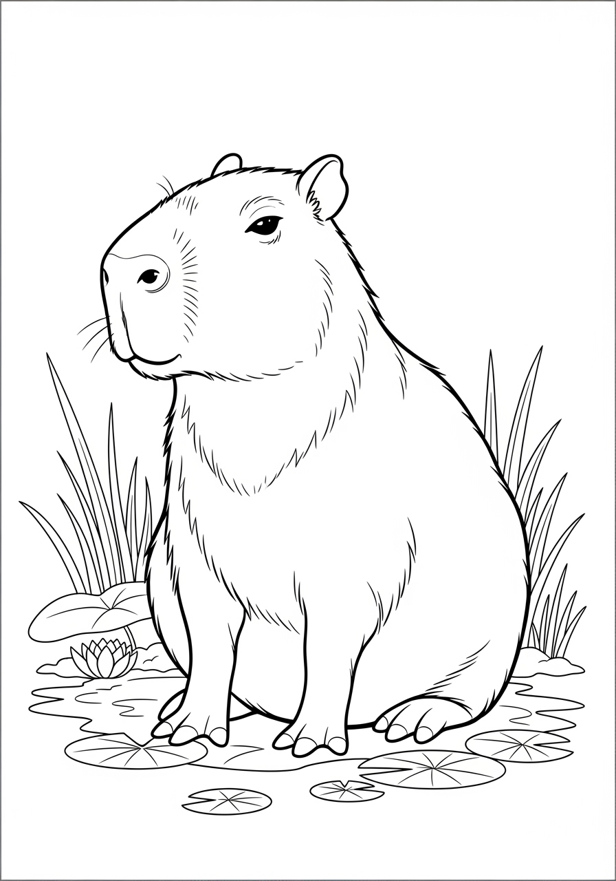 Desenho de Capivara sentada em um lago para imprimir e colorir