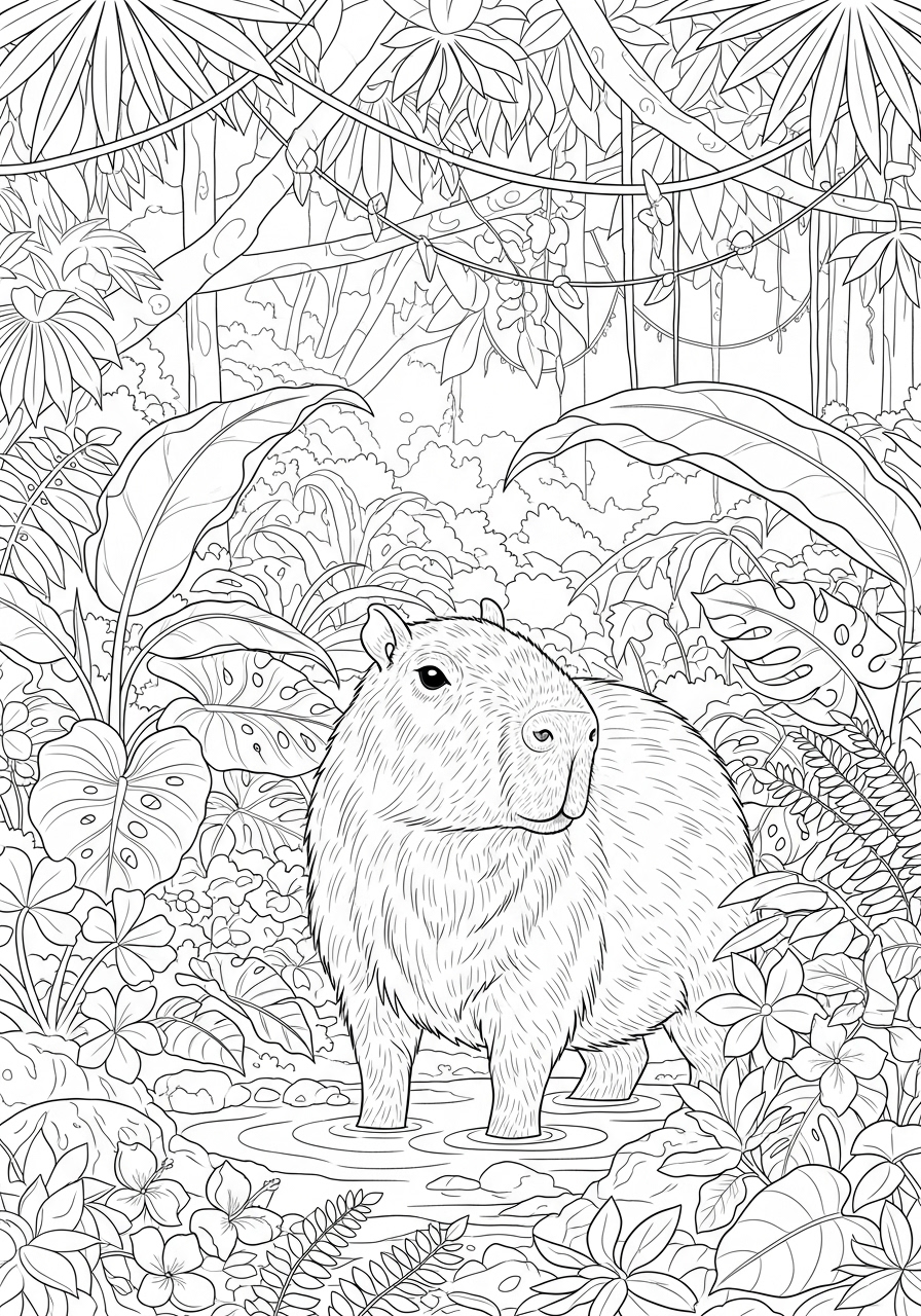 Desenho de Capivara em habitat natural para imprimir e colorir