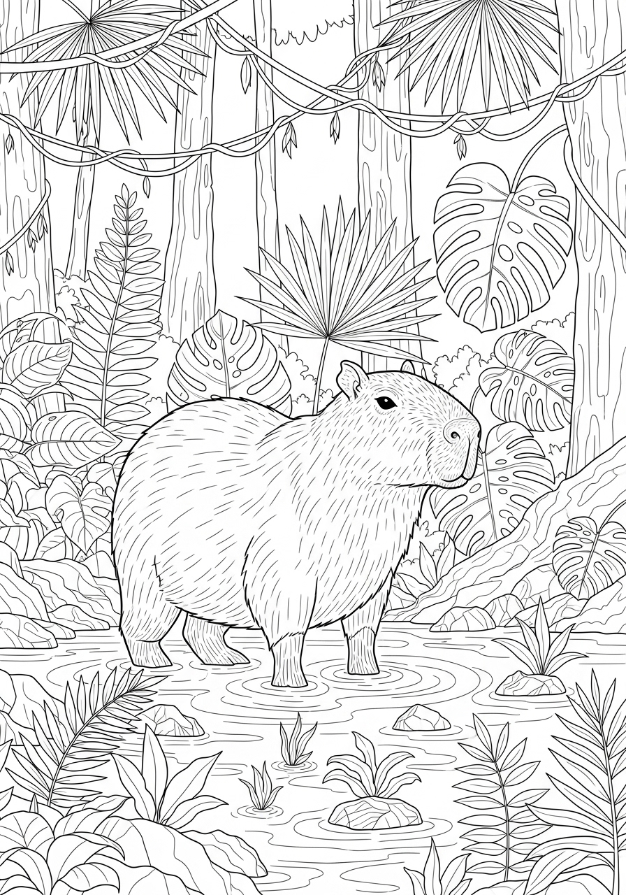 Desenho de Capivara na floresta para imprimir e colorir
