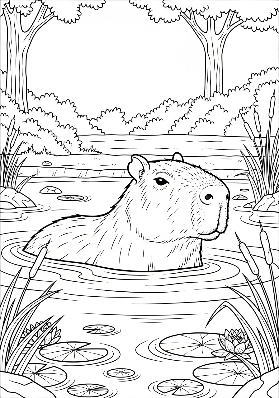 Desenho de Capivara nadando em um lago para imprimir e colorir