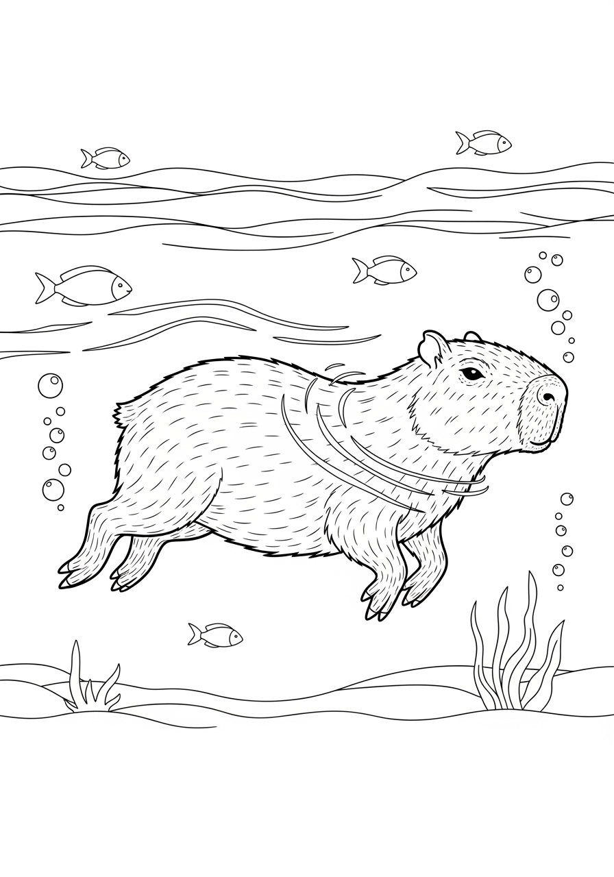 Desenho de Capivara nadando com peixes para imprimir e colorir