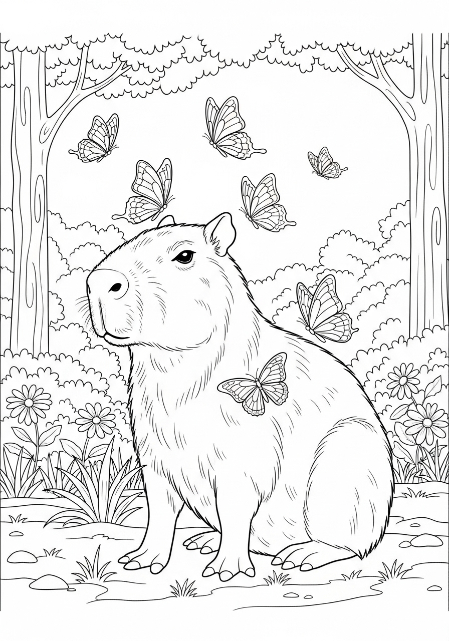 Desenho de Capivara cercada por borboletas para colorir