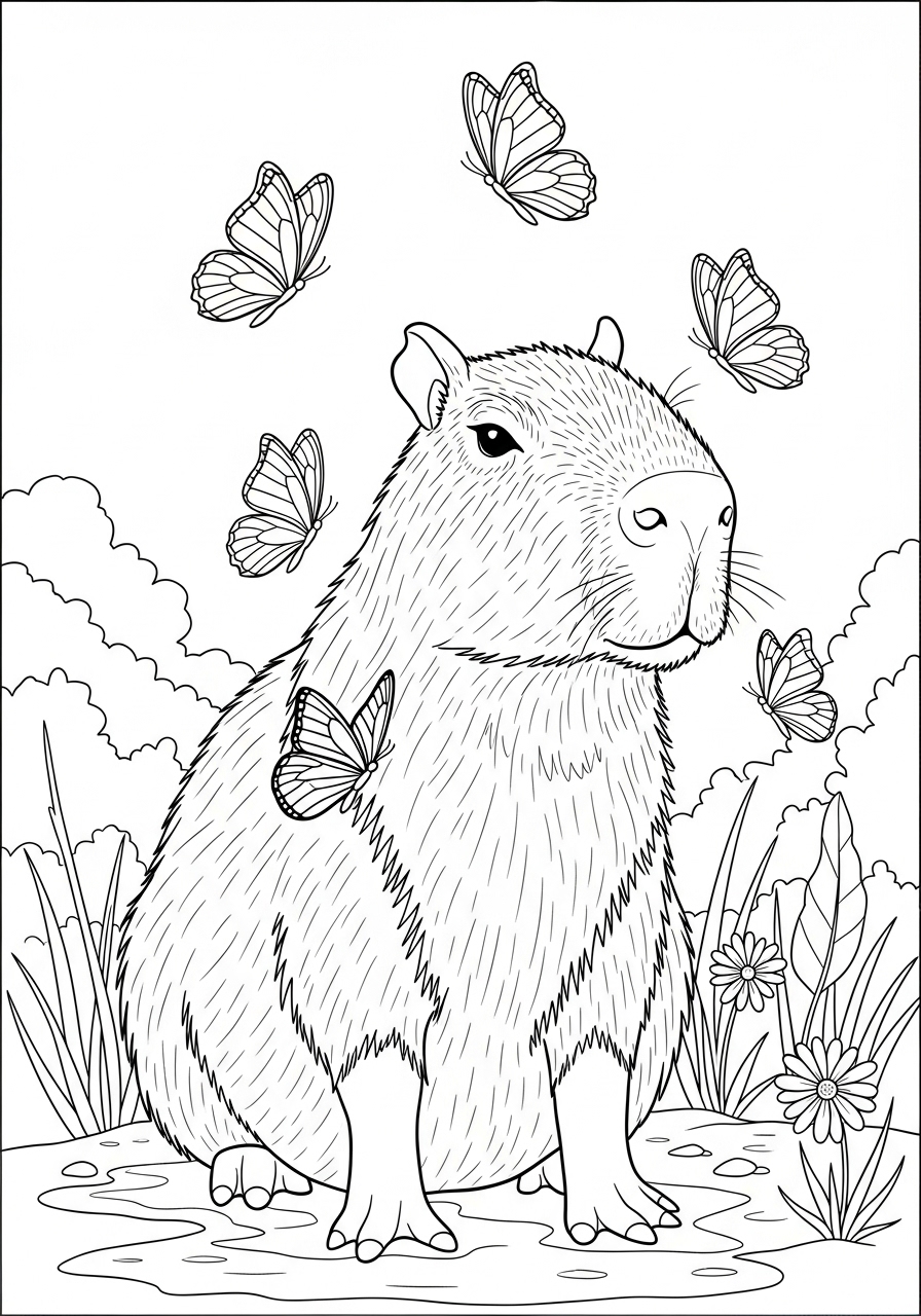 Desenho de Capivara rodeada por borboletas para colorir