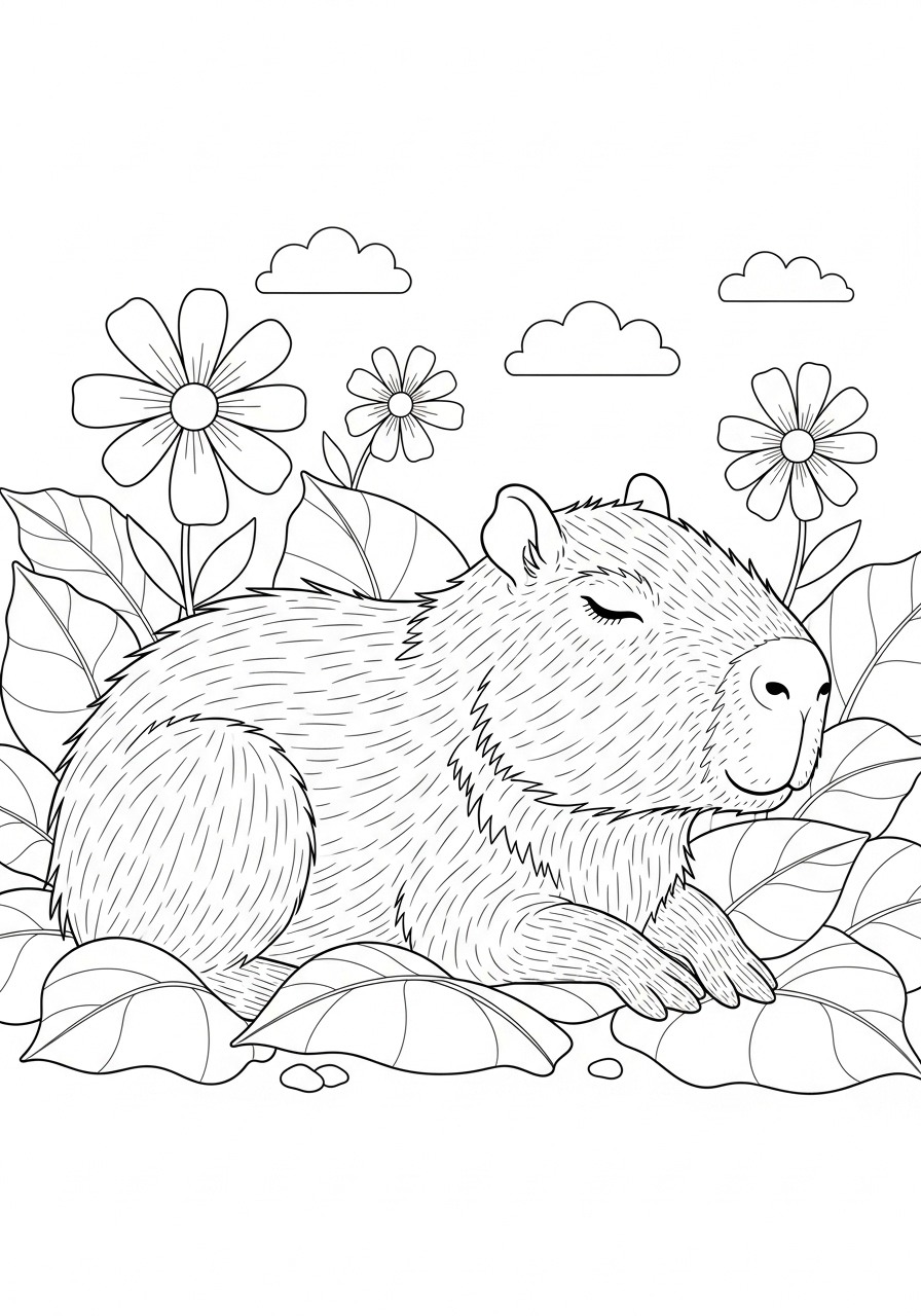 Desenho de Capivara descansando entre flores para colorir