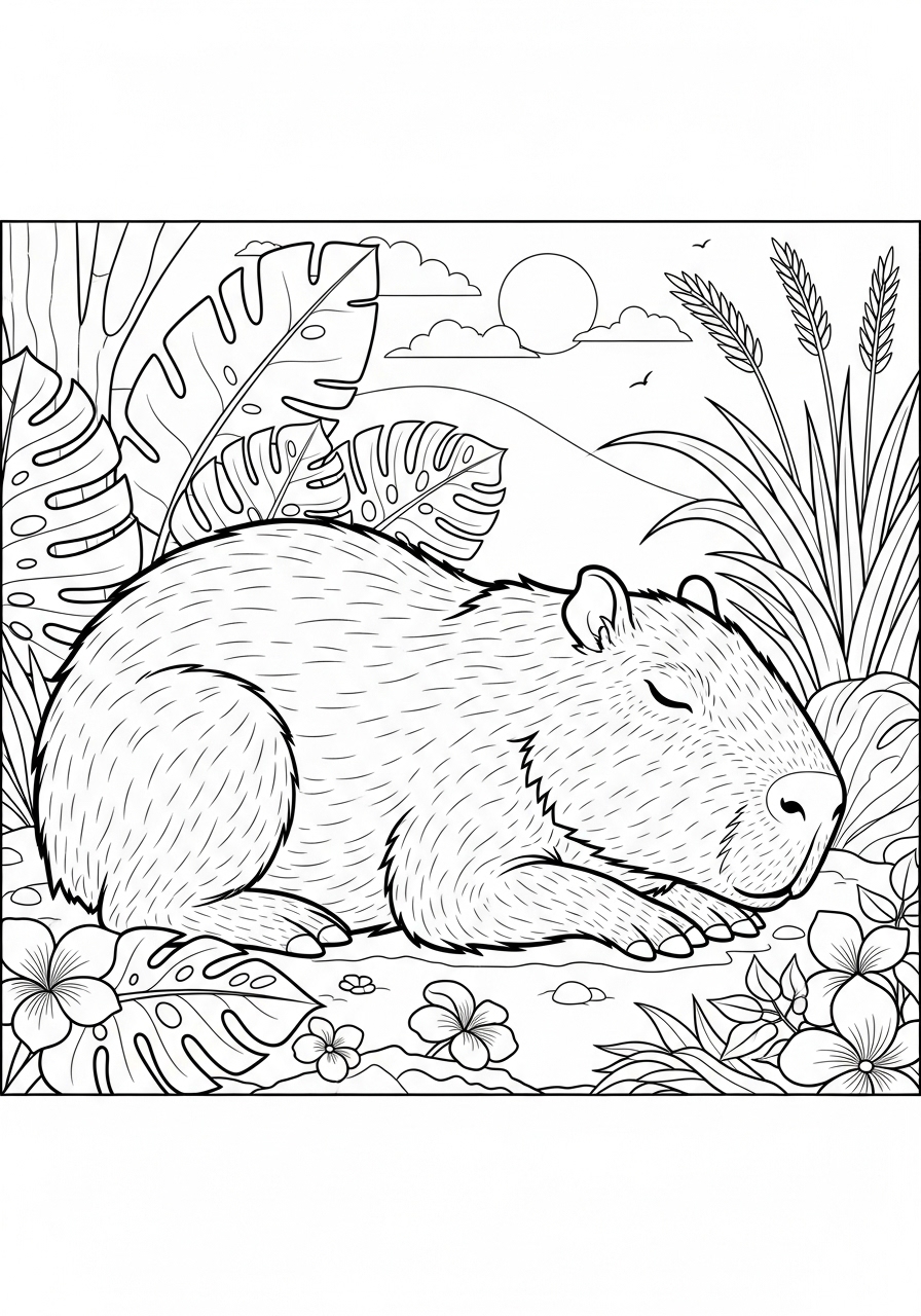 Desenho de Capivara descansando entre plantas para colorir