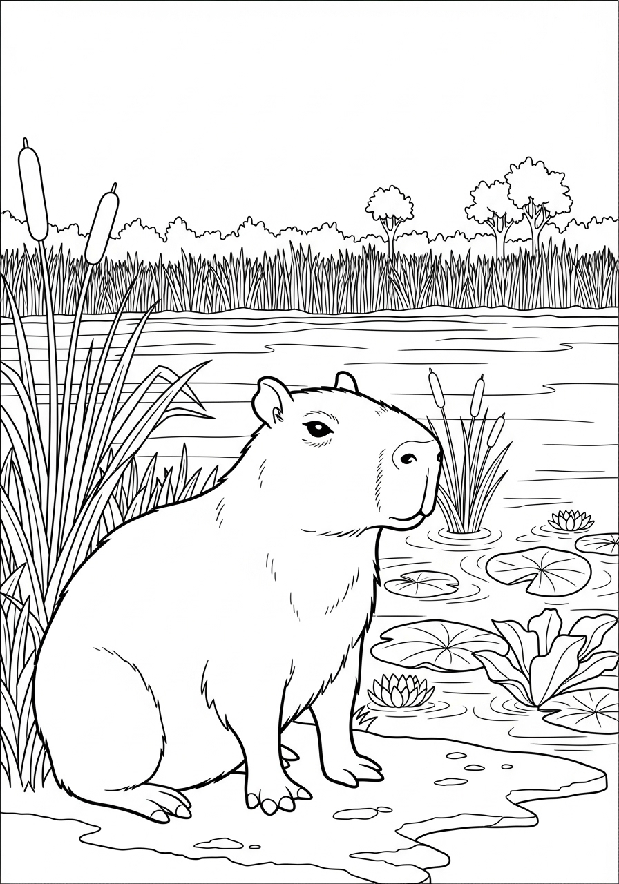 Desenho de Capivara próxima ao lago para imprimir e colorir