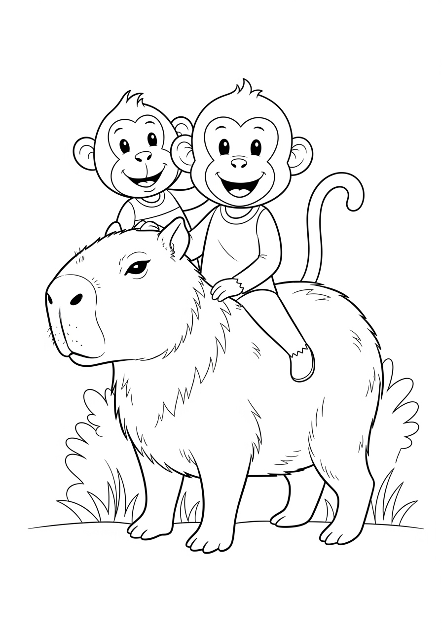 Desenho de Capivara com macacos para imprimir e colorir