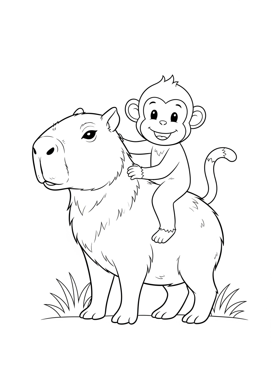 Desenho de Capivara com macaco para imprimir e colorir