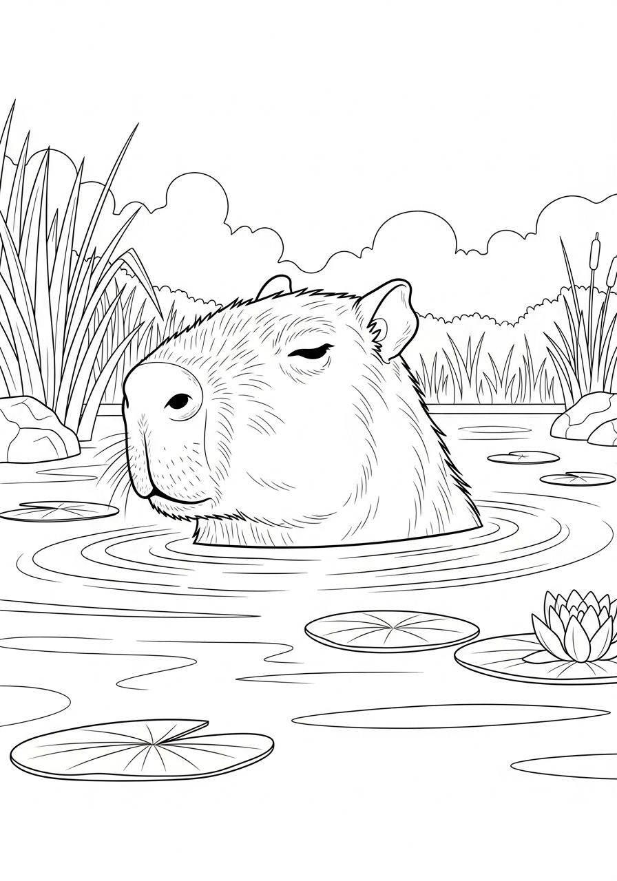 Desenho de Capivara emergindo da água para imprimir e colorir
