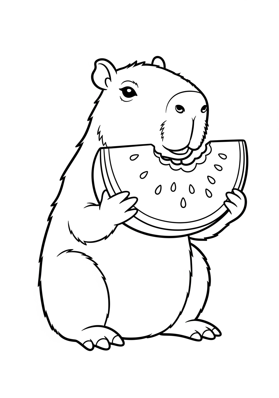 Desenho de Capivara com melancia para imprimir e colorir