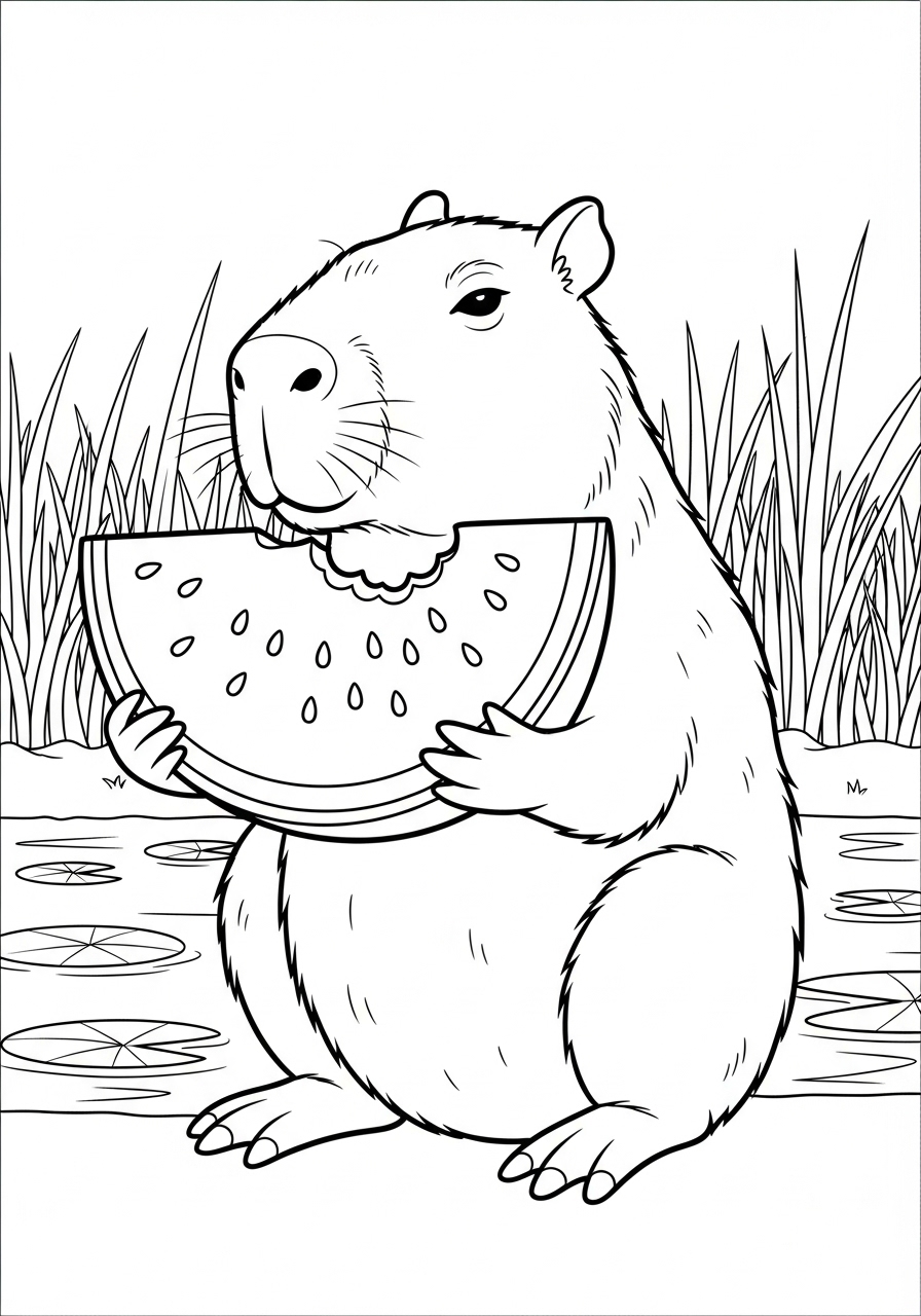 Desenho de Capivara segurando fatia de melancia para colorir