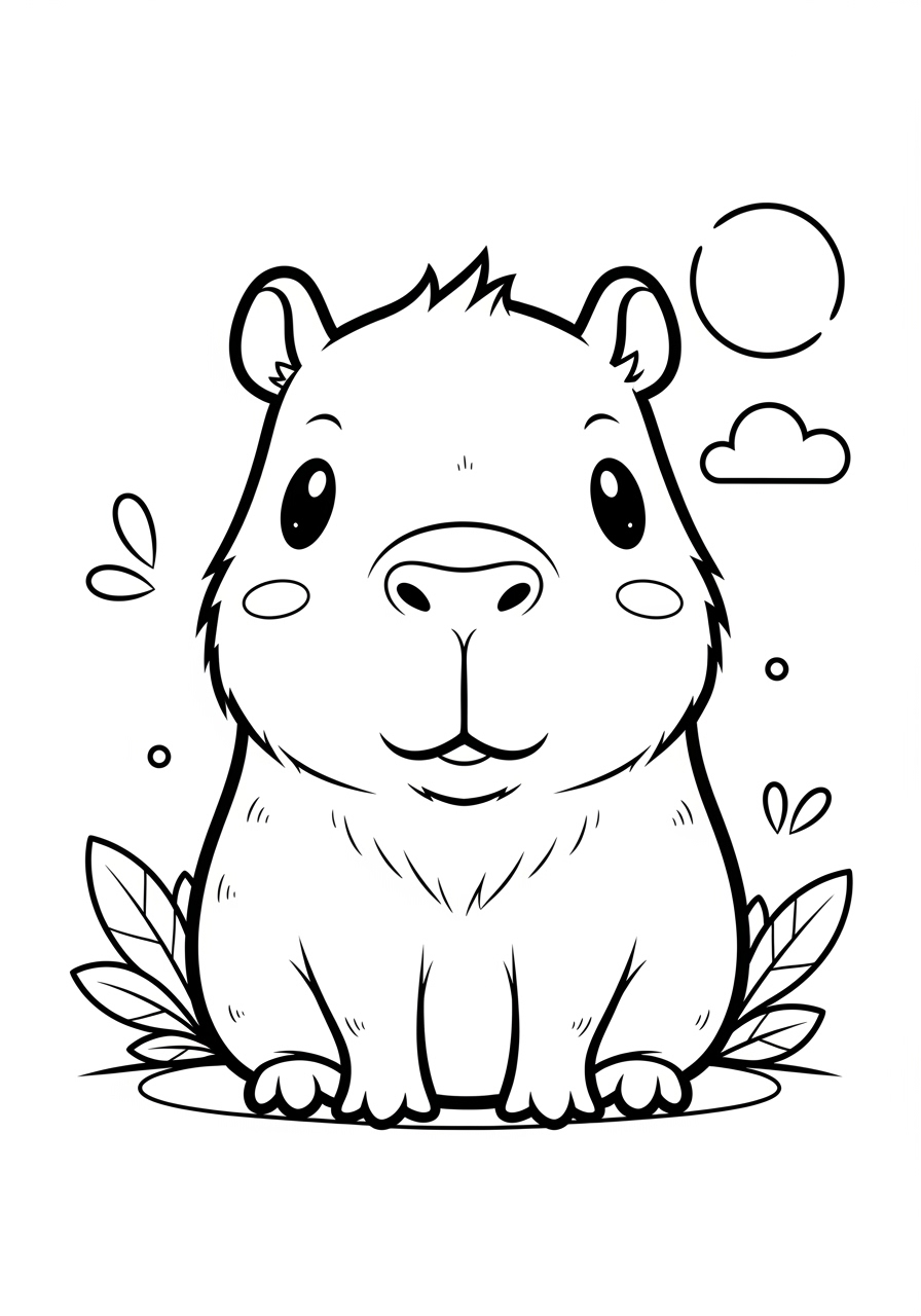Desenho de Capivara sorridente com elementos de natureza