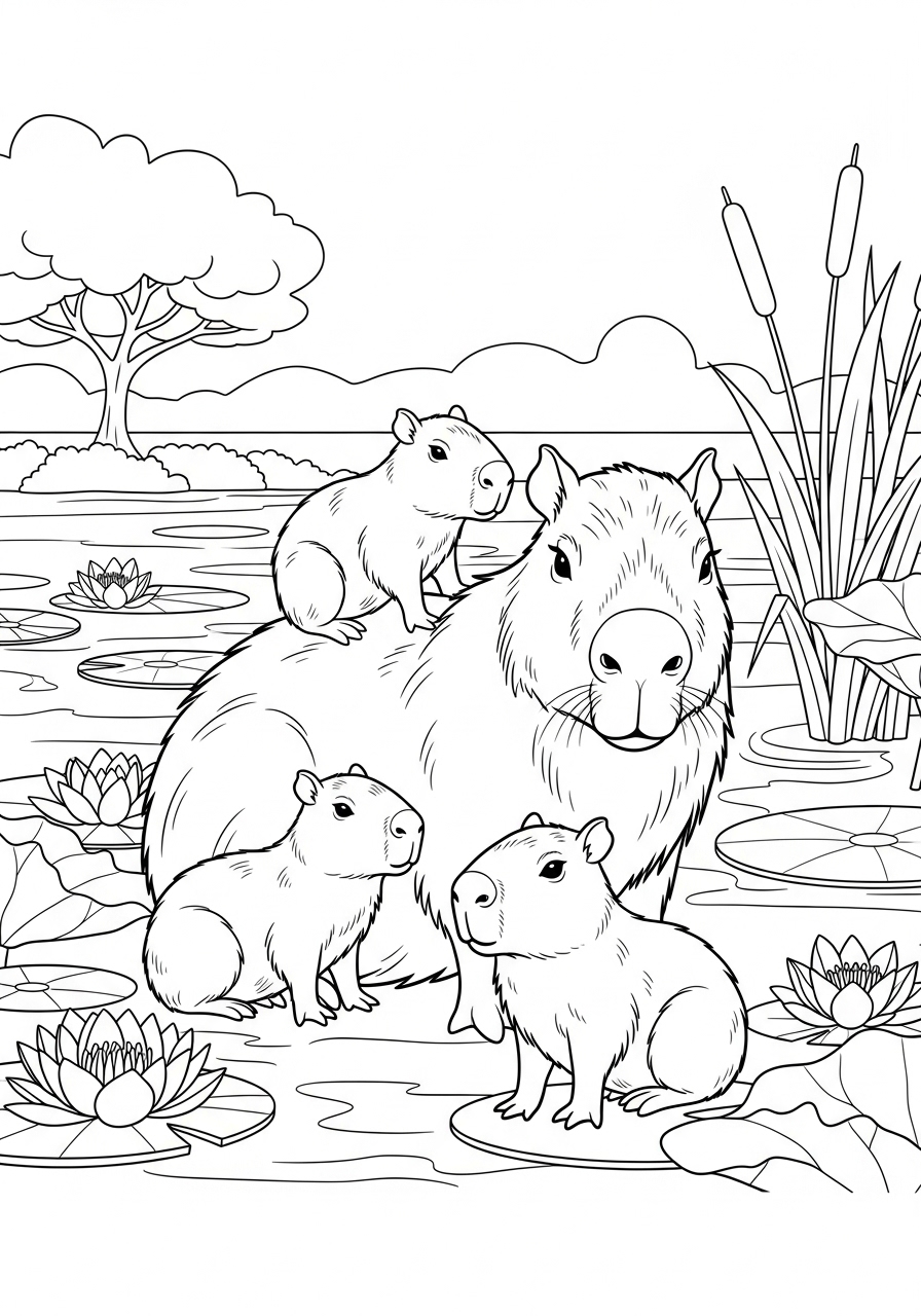 Desenho de Capivara com filhotes em lago para imprimir